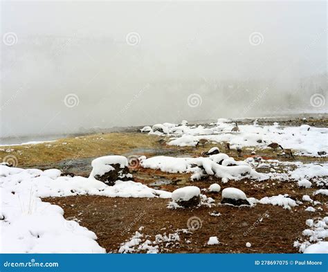 Winter Snowing Geothermal Pool Yellowstone Stock Image Image Of