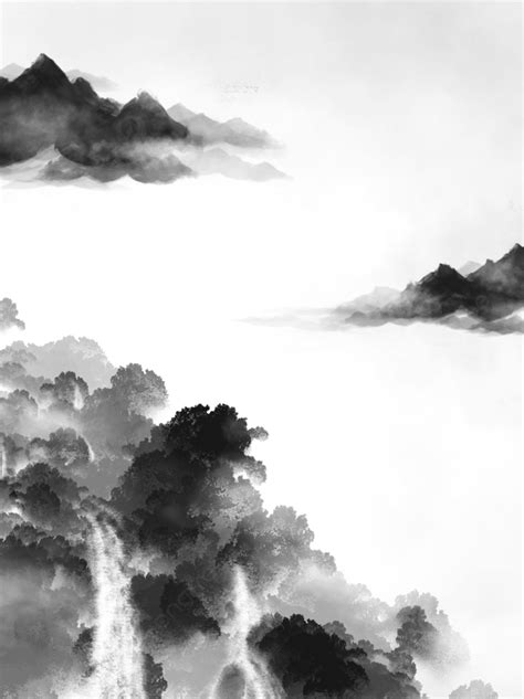 Lukisan Pemandangan Air Terjun Hitam Putih