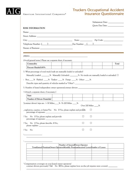Additionally, businesses can choose the deductible, limits, and disability coverage they. Truckers Occupational Accident Insurance Questionnaire Form printable pdf download
