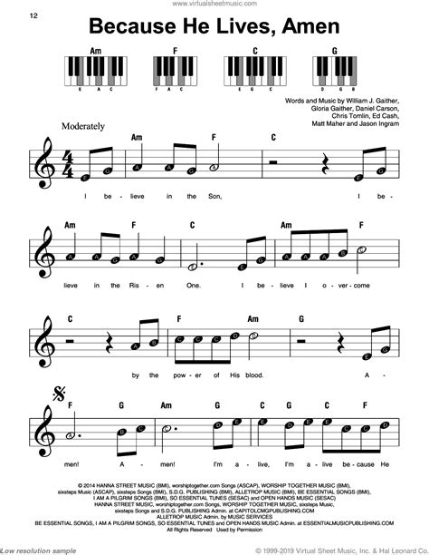 Because He Lives Amen Beginner Sheet Music For Piano Solo