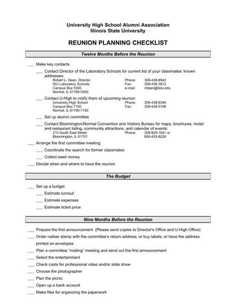 Reunion Planning Checklist University High School Illinois State