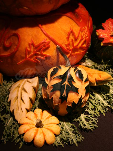 Close Up Of Carved Pumpkin Detail And Acorn Squash Pumpkin Carving