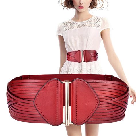 wide belt for women vintage fashion genuine leather elastic waistband female red black