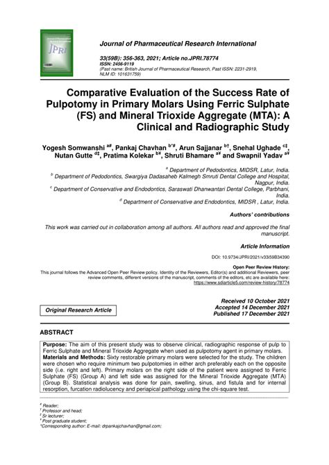 Pdf Comparative Evaluation Of The Success Rate Of Pulpotomy In