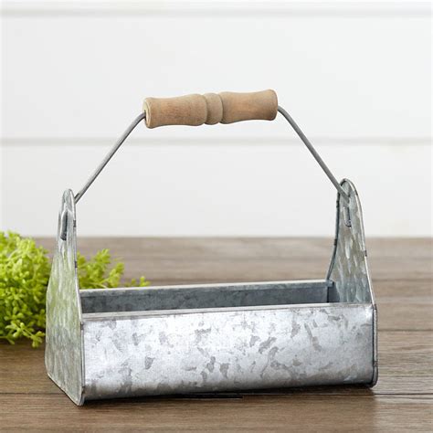 Galvanized Metal Basket With Wood Handle Baskets Buckets And Boxes