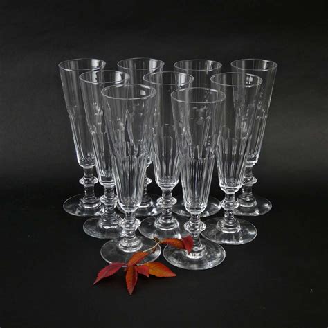 Set Of 9 Crystal Champagne Flutes In Antique Wine Glasses Carafes