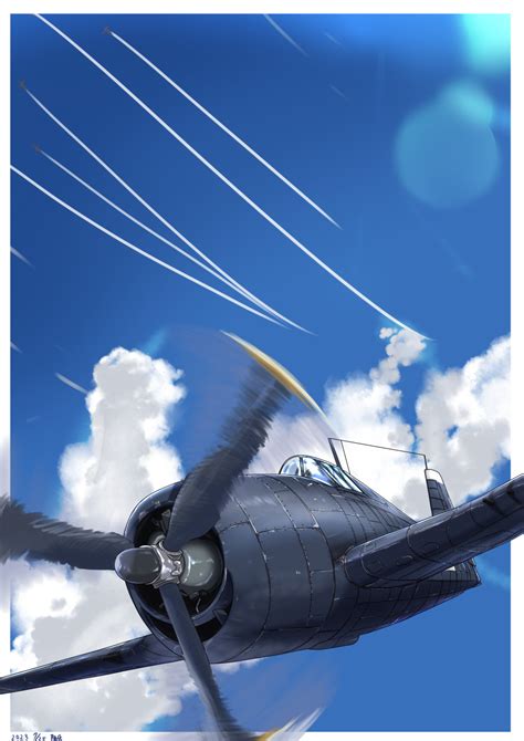 Safebooru Absurdres Aircraft Airplane Blue Sky Clouds Commentary Request Day F6f Hellcat