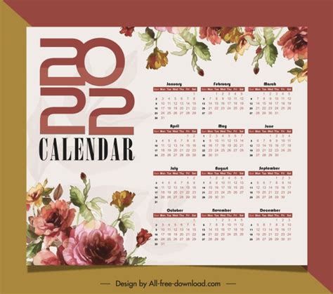 2022 Calendar Template Elegant Classical Flowers Decor Vectors Graphic