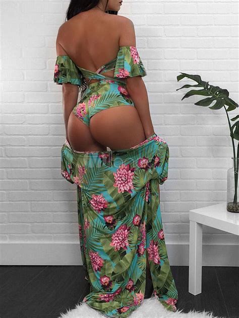 Green Bathing Suits Chiffon High Waisted Floral Print 2 Piece Swimsuit With Half Sleeve Cover