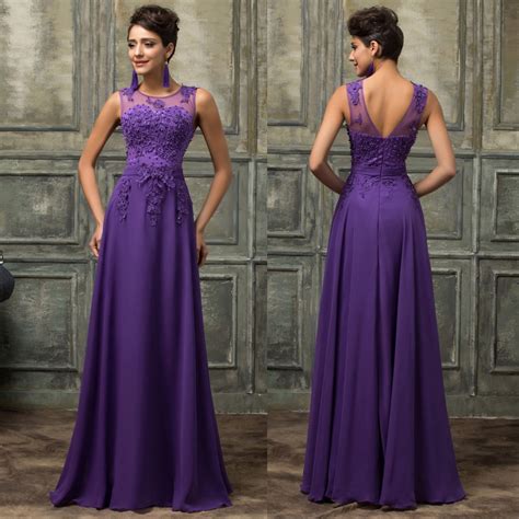 Long Prom Party Dresses 2016 Purple Prom Gowns O Neckline Evening Dress