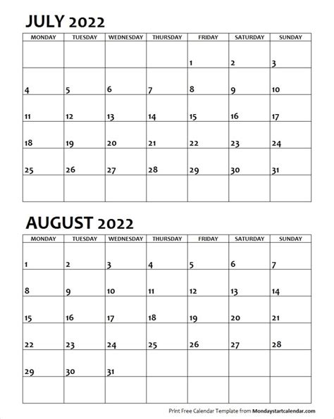 July August 2022 Calendar Monday Start Editable Two Months Template