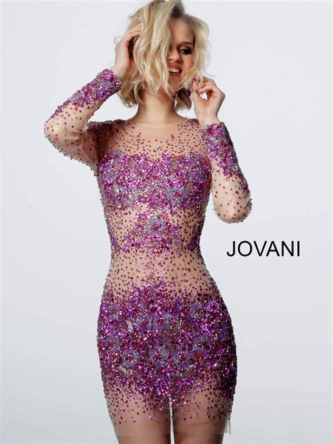 Jovani 47598 Nude Fuchsia Embellished Long Sleeve Dress