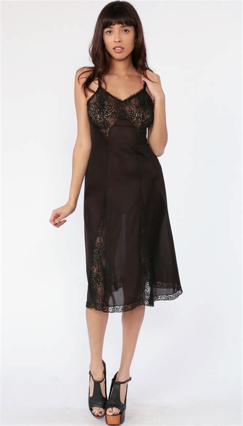Black Slip Dress S SHEER Floral Lace Black Nylon Nightgown Lingerie Lace Gothic Midi Vintage