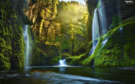 Forest River Light Breaking Through Sky Waterfall Beautiful Views Wallpapers X