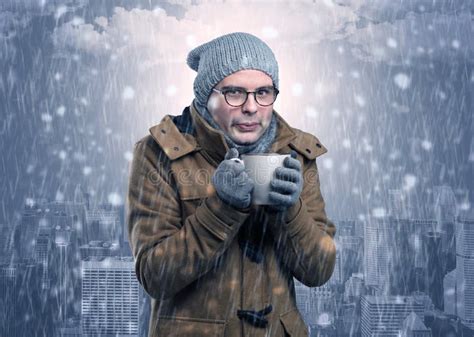 Boy Freezing In Cold Weather With City Concept Stock Image Image Of