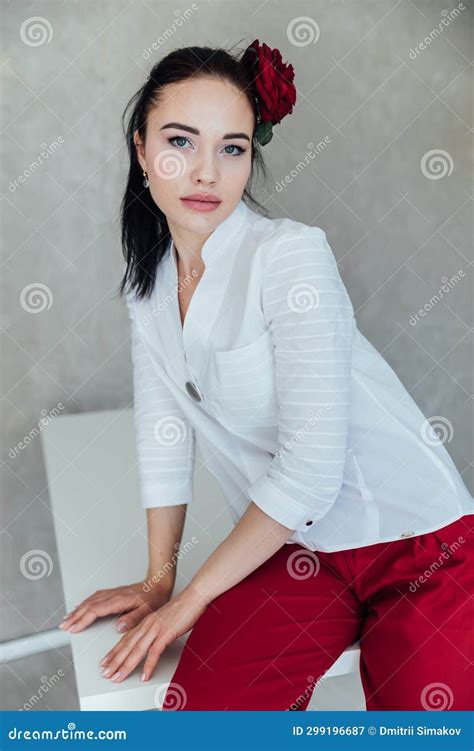 Beautiful Young Brunette Woman With Red Rose Stock Image Image Of