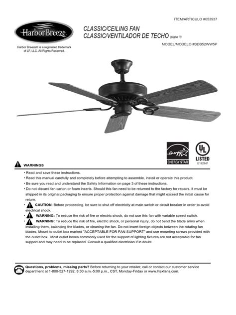 Home uncategorized harbor breeze ceiling fan installation manual pdf. Harbor Breeze Ceiling Fan Manual Model BDB52WW5P | Wire ...