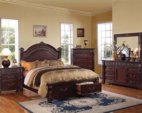 Traditional cherry brown finish 5pcs. Rich Brown Bedroom Set Vevila by Acme Furniture AC20500SET