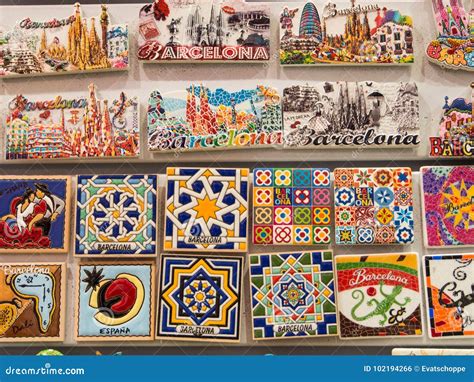 Colourful Magnets On A Wall In A Souvenir Shop In Barcelona Spain