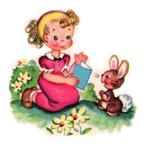 Free Vintage Clip Art Pretty Little Girl And Her Pet