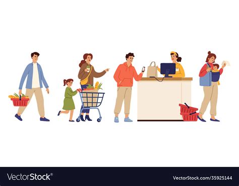 Store Queue Cartoon Waiting Line Food Shopping Vector Image