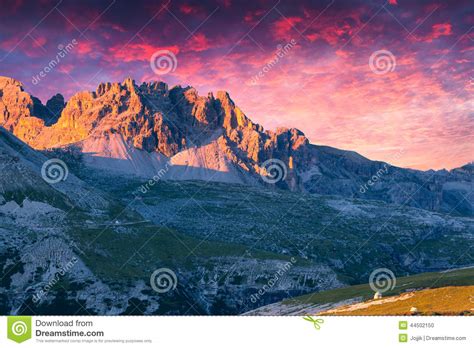 Dramatic Summer Sunset In Italy Alps Tre Cime Di Lavaredo Dolomites