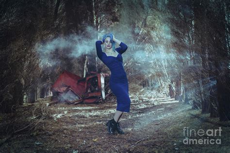 Woman In The Forest With Abandoned Car Photograph By Amanda Elwell