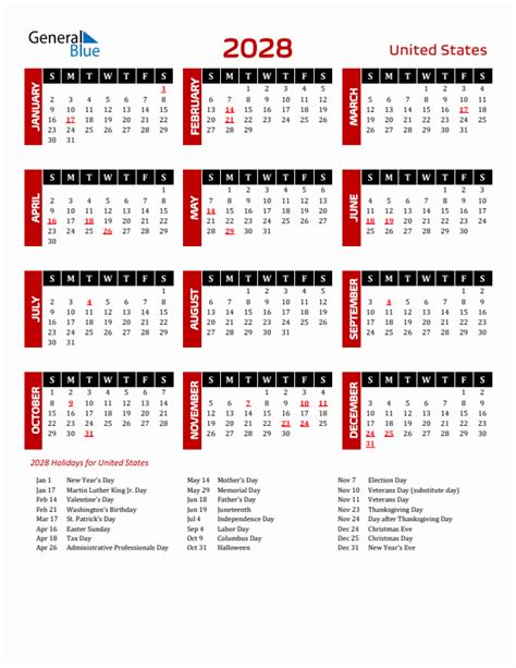 2028 United States Calendar With Holidays