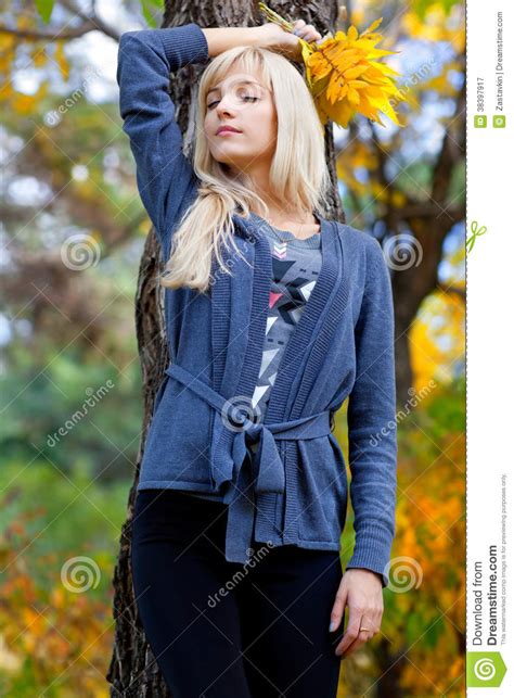 Young Beautiful Woman In Autumn Park Stock Image Image Of Pensive