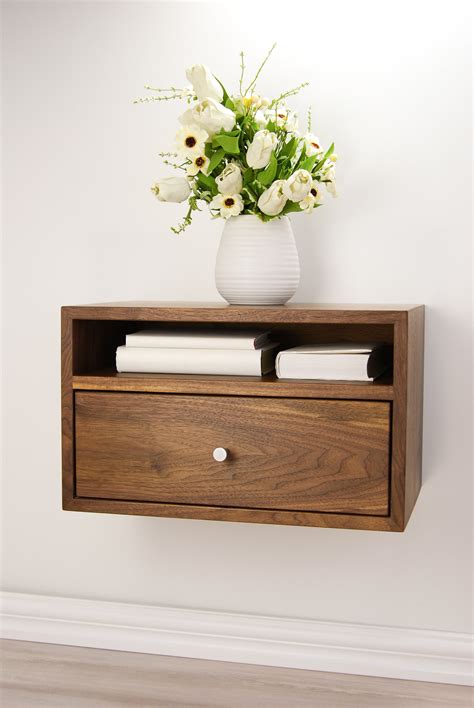 Floating Nightstand With Drawer And Open Shelf Solid Walnut Wood