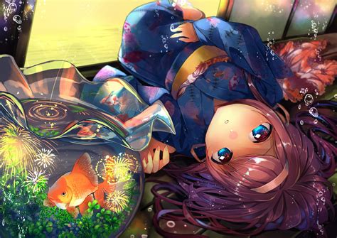 Wallpaper Kimono Anime Girl Goldfish Lying Down Resolution