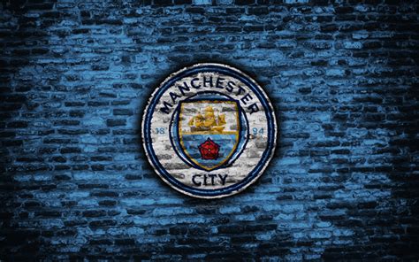 Download Wallpapers Manchester City Fc Logo Blur Brick Wall Premier
