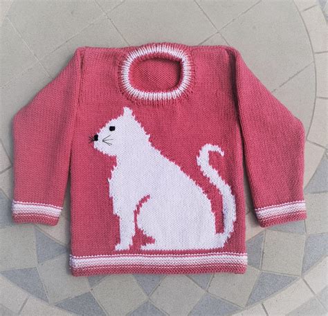 Knitting Pattern Cat Childs Sweater Cat Motif For Etsy