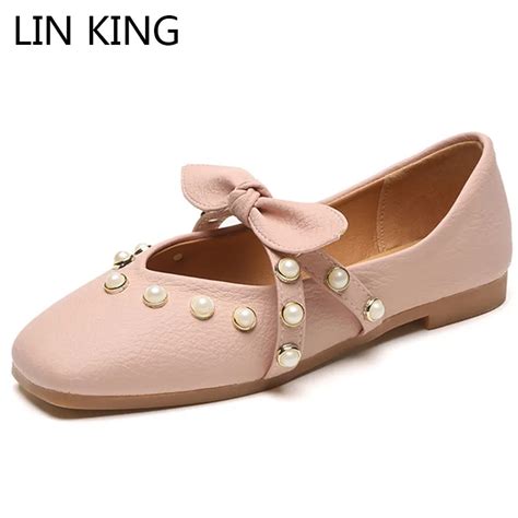 Lin King Fashion Pearl Womens Flats Shoes Cute Bowtie Square Toe Lazy