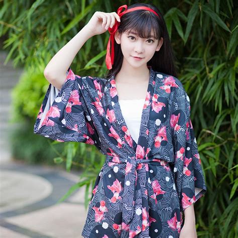 Traditional Japanese Kimono Women Girls Summer Goldfish