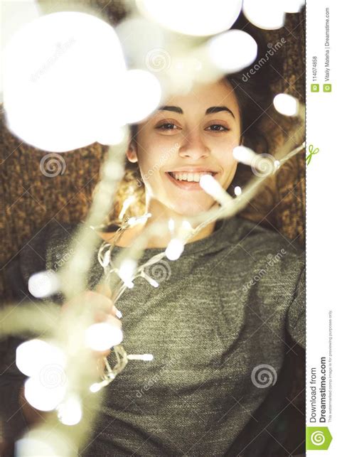 Beauty Woman With Christmas Garland Stock Photo Image Of Female Room