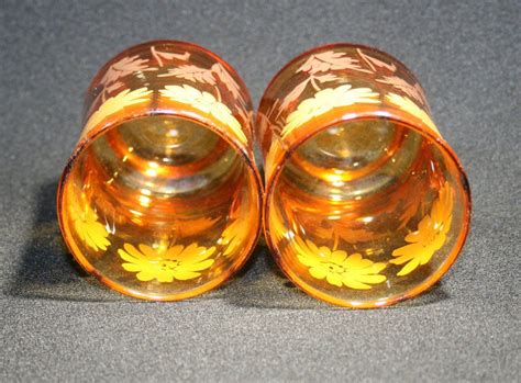 Vintage Libbey Glass Daisy Amber Orange Juice Glass Set Of 2 Breakfast Glasses Country Kitchen