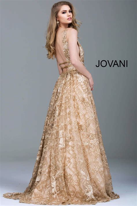 Jovani Dress 51165 Jovani Gold Embellished Plunging Neckline Evening