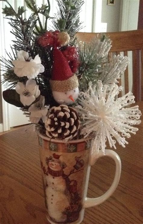 Winter Christmas Snowman Coffee Mug Floral Arrangement~free Shipping By