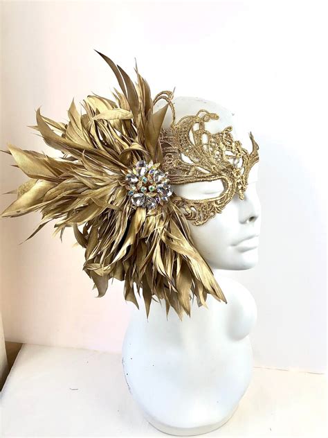 Gold Feather Mask Masquerade Mask Halloween Mardi Gras Etsy