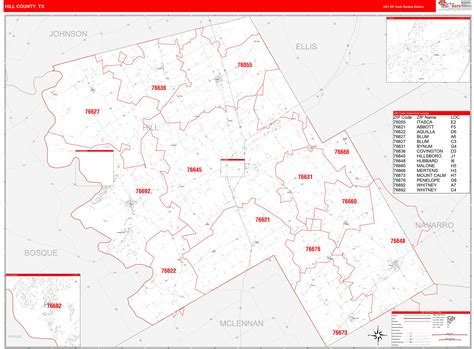 Hill County Tx Zip Code Wall Map Red Line Style By Marketmaps Mapsales