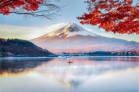 Fuji Mountain Red Maple Tree And Fisherman Boat With Morning Mist In