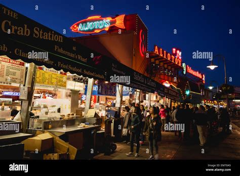 Food stalls along Taylor Street at nighttime, Fisherman's Wharf; San