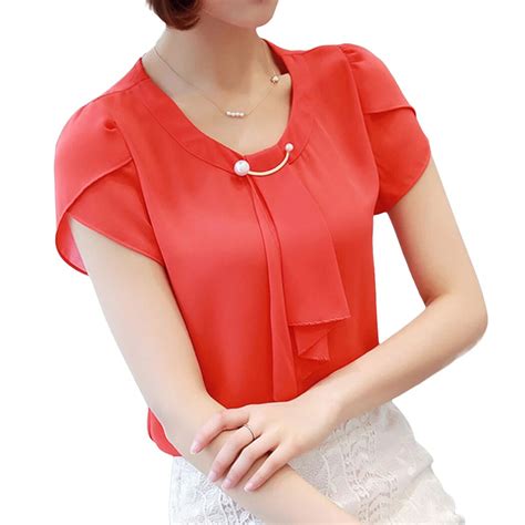 2018 Summer Women Chiffon Blouse Office Ladies Short Sleeve Tops Korean Style Casual Solid Color