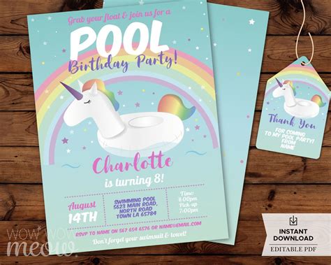 Unicorn Pool Party Invitation Birthday Invite Swimming Rainbow Etsy Uk Unicorn Pool Party