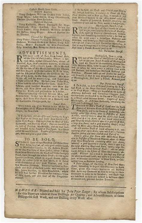 Lot John Peter Zenger Rare 1734 Issue Of New York Weekly Journal