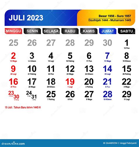 Kalender Bulan Juli 2023 Longkap Dengan Hari Libur Стоковое Фото