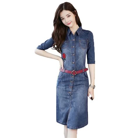 2018 Spring Denim Dress Women Blue Jean Dresses With Belt Half Sleeve