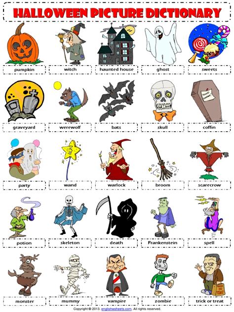 Halloween Esl Vocabulary Picture Dictionary Worksheet For Kids Pdf