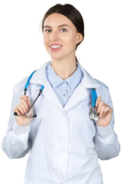 Premium Photo Portrait Of A Friendly Female Doctor Isolated On White